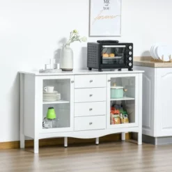 HOMCOM Modern Sideboard, Serving Buffet Cabinet, Cupboard With Glass Doors, Drawers And Adjustable Shelves For Living Room, White