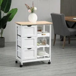 HOMCOM Rolling Kitchen Island Cart, Bar Serving Cart, Compact Trolley On Wheels With Wood Top, Shelves & Drawers For Home Dining Area