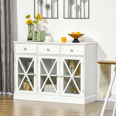 HOMCOM 45" Farmhouse Style Kitchen Sideboard, Serving Buffet Cabinet, Storage Cupboard With Glass Doors And 3 Drawers, White 2 HOMCOM 45" Farmhouse Style Kitchen Sideboard, Serving Buffet Cabinet, Storage Cupboard With Glass Doors And 3 Drawers, White - Image 2