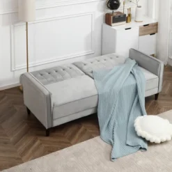 HOMCOM Convertible Sleeper Sofa, Futon Sofa Bed With Split Back Design Recline, Thick Padded Velvet-Touch Cushion Seating And Wood Legs, Light Grey