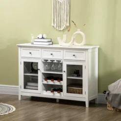 HOMCOM Glass Door Kitchen Sideboard, Buffet Cabinet With 6-Bottle Wine Rack And Stemware Racks, Coffee Bar For Living Room, Dining Room, White