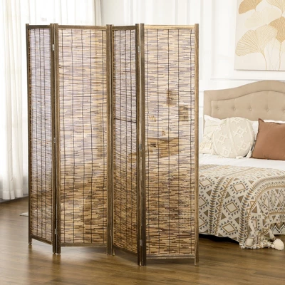 HOMCOM 5.5' Tall Room Divider With Wood & Hand Woven Reed, 4 Panel Folding Privacy Screens, Portable Partition Wall Divider 1 HOMCOM 5.5' Tall Room Divider With Wood & Hand Woven Reed, 4 Panel Folding Privacy Screens, Portable Partition Wall Divider