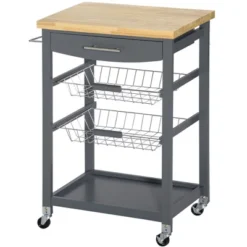 HOMCOM 3-Tier Utility Kitchen Cart With Handle Bar, Steel Basket Rolling Cart, Food Storage Service Trolley With Drawer, Rubber Wood Top 9 HOMCOM 3-Tier Utility Kitchen Cart With Handle Bar, Steel Basket Rolling Cart, Food Storage Service Trolley With Drawer, Rubber Wood Top -Homcom GUEST 63b0f4ac 1472 47c0 8830 3e745736ddf3