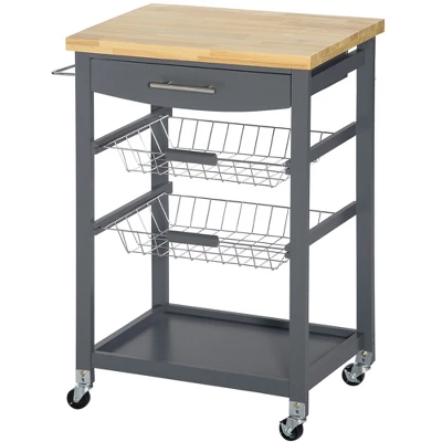 HOMCOM 3-Tier Utility Kitchen Cart With Handle Bar, Steel Basket Rolling Cart, Food Storage Service Trolley With Drawer, Rubber Wood Top 3 HOMCOM 3-Tier Utility Kitchen Cart With Handle Bar, Steel Basket Rolling Cart, Food Storage Service Trolley With Drawer, Rubber Wood Top - Image 3