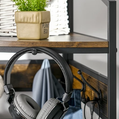 HOMCOM Industrial Corner Hall Tree With Shoe Bench, Entryway Coat Rack, Freestanding Coat Tree With 6 Double Hooks, Rustic Brown 5 HOMCOM Industrial Corner Hall Tree With Shoe Bench, Entryway Coat Rack, Freestanding Coat Tree With 6 Double Hooks, Rustic Brown - Image 5