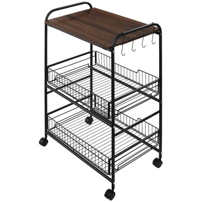 HOMCOM 24" 3-Tier Rolling Kitchen Cart, Utility Storage Trolley With 2 Basket Drawers, Side Hooks For Dining Room 3 HOMCOM 24" 3-Tier Rolling Kitchen Cart, Utility Storage Trolley With 2 Basket Drawers, Side Hooks For Dining Room - Image 3