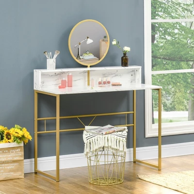 HOMCOM Modern Vanity Makeup Desk With Mirror, Dressing Table With Open Storage, Faux Marble Finish And Steel Frame For Bedroom, White And Gold 2 HOMCOM Modern Vanity Makeup Desk With Mirror, Dressing Table With Open Storage, Faux Marble Finish And Steel Frame For Bedroom, White And Gold - Image 2