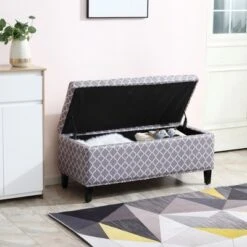 HOMCOM Large 42" Tufted Linen Fabric Upholstery Storage Ottoman Bench With Lift-top For Living Room, Entryway, Or Bedroom - Gray Lattice -Homcom GUEST 6a22695e 7e7b 4d15 bc59 2b8b384dab90