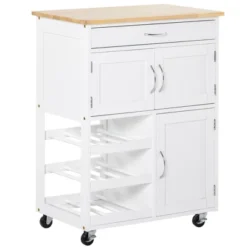 HOMCOM Bar Cart Rolling Kitchen Island On Wheels With 9-Bottle Wine Rack, Small Kitchen Cart Kitchen Storage Cabinets, Wooden Countertop, White -Homcom GUEST 6b24be5b 20b8 48cd bc72 6c6927cb7832