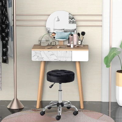 HOMCOM Round Vanity Stool With Height Adjustable Lift, Luxury Style Upholstery And Swivel Seat And Wheels 1 HOMCOM Round Vanity Stool With Height Adjustable Lift, Luxury Style Upholstery And Swivel Seat And Wheels