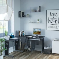 HOMCOM L-Shaped Corner Computer Desk Gaming Table Home Office Workstation Glass Top P2 MDF With Keyboard Tray - Black