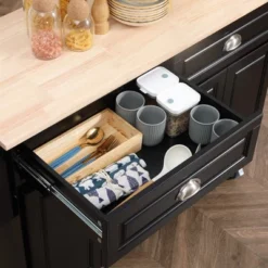 HOMCOM Rolling Kitchen Island On Wheels, Kitchen Cart With Solid Wood Drop Leaf Breakfast Bar, Storage Drawers, 4-Door Cabinets, Spice Rack, Black -Homcom GUEST 728b5bf8 6a20 484f b601 a3d1770f5807