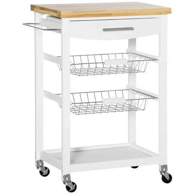 HOMCOM 3-Tier Utility Kitchen Cart With Handle Bar, Steel Basket Rolling Cart, Food Storage Service Trolley With Drawer, Rubber Wood Top 7 HOMCOM 3-Tier Utility Kitchen Cart With Handle Bar, Steel Basket Rolling Cart, Food Storage Service Trolley With Drawer, Rubber Wood Top - Image 7