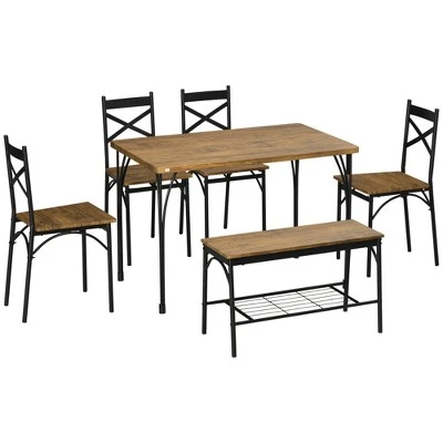 HOMCOM Industrial Dining Table Set For 6 People, 6 Piece Kitchen Table And Chairs Set, Dinner Table With Bench, Steel Frame And Storage Shelf 3 HOMCOM Industrial Dining Table Set For 6 People, 6 Piece Kitchen Table And Chairs Set, Dinner Table With Bench, Steel Frame And Storage Shelf - Image 3
