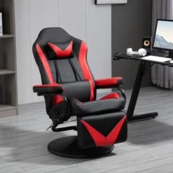 HOMCOM Gaming Recliner, Racing Style Video Gaming Chair With Adjustable Backrest And Footrest, High Back Swivel Computer Chair With Lumbar Support And Headrest