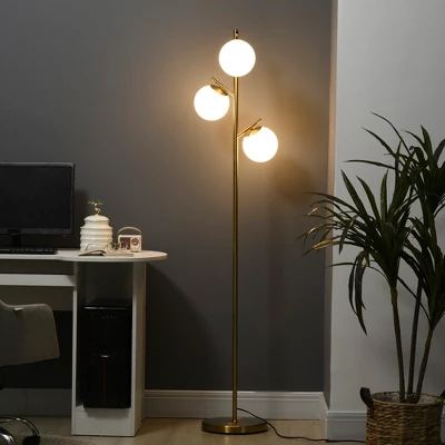 HOMCOM 3-Light Modern Floor Lamp For Living Room Bright Lighting, Tree Standing Lamp For Bedroom With Globe Lampshades, Gold 2 HOMCOM 3-Light Modern Floor Lamp For Living Room Bright Lighting, Tree Standing Lamp For Bedroom With Globe Lampshades, Gold - Image 2
