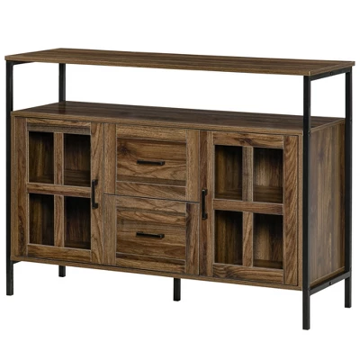 HOMCOM Rustic Kitchen Sideboard, Serving Buffet Storage Cabinet With Adjustable Shelves, Glass Doors, And 2 Drawers For Living Room 3 HOMCOM Rustic Kitchen Sideboard, Serving Buffet Storage Cabinet With Adjustable Shelves, Glass Doors, And 2 Drawers For Living Room - Image 3
