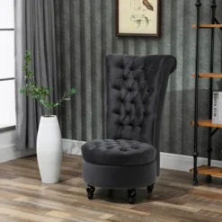 HOMCOM High Back Accent Chair, Upholstered Armless Chair, Retro Button-Tufted Royal Design With Thick Padding And Rubberwood Leg, Black