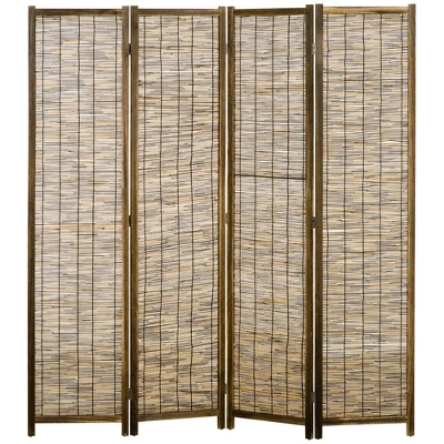 HOMCOM 5.5' Tall Room Divider With Wood & Hand Woven Reed, 4 Panel Folding Privacy Screens, Portable Partition Wall Divider 3 HOMCOM 5.5' Tall Room Divider With Wood & Hand Woven Reed, 4 Panel Folding Privacy Screens, Portable Partition Wall Divider - Image 3