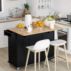 HOMCOM Mobile Kitchen Island Storage Trolley Cart On Wheels With Dropleaf Top, Towel/Spice Rack, 3 Drawers, 2-Door Cabinet