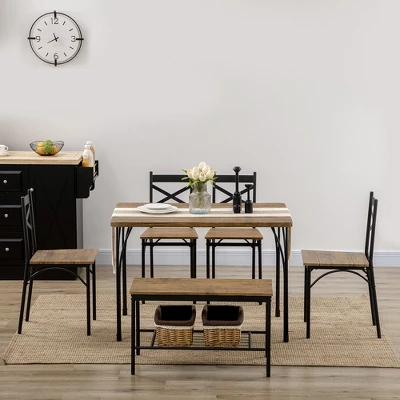 HOMCOM Industrial Dining Table Set For 6 People, 6 Piece Kitchen Table And Chairs Set, Dinner Table With Bench, Steel Frame And Storage Shelf 1 HOMCOM Industrial Dining Table Set For 6 People, 6 Piece Kitchen Table And Chairs Set, Dinner Table With Bench, Steel Frame And Storage Shelf