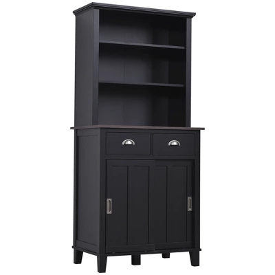 HOMCOM 67" Freestanding Buffet With Hutch, Kitchen Pantry Storage Cabinet With Sliding Doors, Drawers And Open Shelves, Adjustable Shelving, Black 3 HOMCOM 67" Freestanding Buffet With Hutch, Kitchen Pantry Storage Cabinet With Sliding Doors, Drawers And Open Shelves, Adjustable Shelving, Black - Image 3