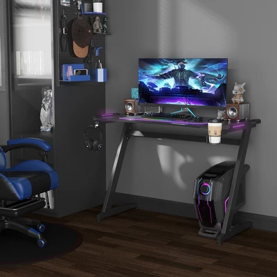 HOMCOM 47" Racing Style Gaming Desk, Z-Shaped Computer Table With LED Lights, Swivel Cup Holder, Headphone Hook And Cable Management Holes, Black 2 HOMCOM 47" Racing Style Gaming Desk, Z-Shaped Computer Table With LED Lights, Swivel Cup Holder, Headphone Hook And Cable Management Holes, Black - Image 2