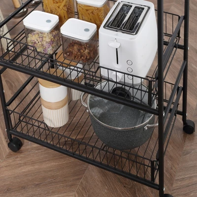 HOMCOM 24" 3-Tier Rolling Kitchen Cart, Utility Storage Trolley With 2 Basket Drawers, Side Hooks For Dining Room 5 HOMCOM 24" 3-Tier Rolling Kitchen Cart, Utility Storage Trolley With 2 Basket Drawers, Side Hooks For Dining Room - Image 5