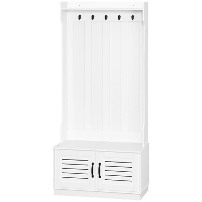 HOMCOM Modern Hall Tree, Entryway Coat Rack With Shoe Bench, 5 Hooks, Storage Shelf And Slatted Door Cabinet For Hallway, White 3 HOMCOM Modern Hall Tree, Entryway Coat Rack With Shoe Bench, 5 Hooks, Storage Shelf And Slatted Door Cabinet For Hallway, White - Image 3