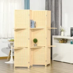 HOMCOM 4-Panel Bamboo Room Divider, 6 Ft Folding Privacy Screen With 2 Display Shelves For Bedroom And Office, Natural