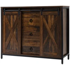 HOMCOM Industrial Farmhouse Buffet Cabinet, Kitchen Sideboard With Sliding Barn Doors, 3 Drawers And Adjustable Shelves For Living Room, Rustic Brown -Homcom GUEST 8b1a15e4 fe7a 4914 8f20 2d50d053af47