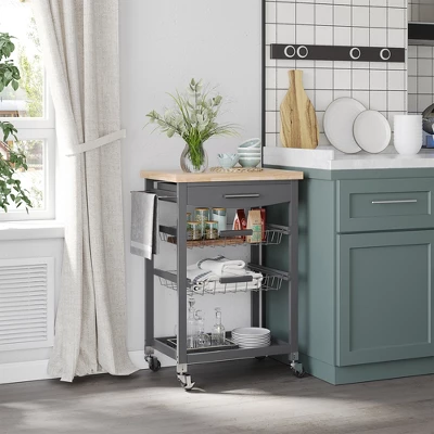 HOMCOM 3-Tier Utility Kitchen Cart With Handle Bar, Steel Basket Rolling Cart, Food Storage Service Trolley With Drawer, Rubber Wood Top 2 HOMCOM 3-Tier Utility Kitchen Cart With Handle Bar, Steel Basket Rolling Cart, Food Storage Service Trolley With Drawer, Rubber Wood Top - Image 2