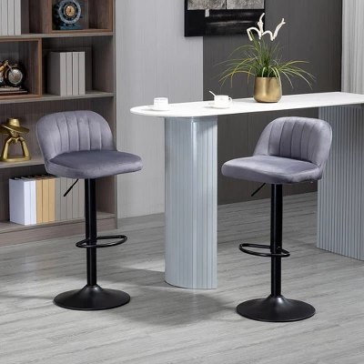 HOMCOM Adjustable Bar Stools Set Of 2, Velvet Counter Height Barstool, Upholstered Kitchen Stool With Swivel Seat, Steel Frame, Footrest, Gray 1 HOMCOM Adjustable Bar Stools Set Of 2, Velvet Counter Height Barstool, Upholstered Kitchen Stool With Swivel Seat, Steel Frame, Footrest, Gray