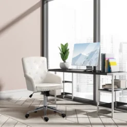 HOMCOM Modern Mid-back Desk Chair With Button Tufted Velvet Back, Nailhead Trim, Swivel Home Office Chair With Adjustable Height, Curved Padded Armrests