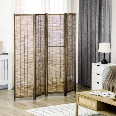 HOMCOM 5.5' Tall Room Divider With Wood & Hand Woven Reed, 4 Panel Folding Privacy Screens, Portable Partition Wall Divider 2 HOMCOM 5.5' Tall Room Divider With Wood & Hand Woven Reed, 4 Panel Folding Privacy Screens, Portable Partition Wall Divider - Image 2