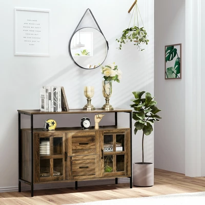 HOMCOM Rustic Kitchen Sideboard, Serving Buffet Storage Cabinet With Adjustable Shelves, Glass Doors, And 2 Drawers For Living Room 2 HOMCOM Rustic Kitchen Sideboard, Serving Buffet Storage Cabinet With Adjustable Shelves, Glass Doors, And 2 Drawers For Living Room - Image 2