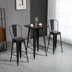 HOMCOM 3 Piece Industrial Dining Table Set, Counter Height Bar Table & Chairs Set With Footrests For Bistro, Pub