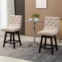 HOMCOM Bar Stools Set Of 4, Swivel Bar Chairs, 25.5" High Fabric Tufted Breakfast Barstools For Kitchen Counter, Beige