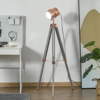 HOMCOM Vintage Tripod Floor Lamp, Height Adjustable Nautical Spotlight With Wood Legs, E12 Lamp Base For Living Room, Bedroom, Gray And Rose Gold 2 HOMCOM Vintage Tripod Floor Lamp, Height Adjustable Nautical Spotlight With Wood Legs, E12 Lamp Base For Living Room, Bedroom, Gray And Rose Gold - Image 2