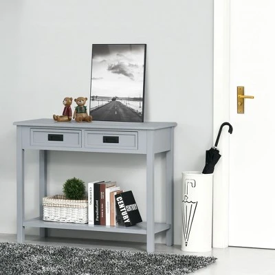 HOMCOM Console Table With 2 Storage Drawers And Open Shelf, Modern Sofa Table For Hallway, Living Room, Or Bedroom, Gray 1 HOMCOM Console Table With 2 Storage Drawers And Open Shelf, Modern Sofa Table For Hallway, Living Room, Or Bedroom, Gray