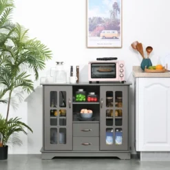HOMCOM Modern Storage Console Cabinet With 2 Framed Glass Doors And 2 Drawers For Kitchen Or Living Room