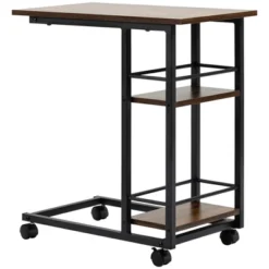 HOMCOM C Shaped End Table With Storage Shelves, Mobile Side Table With Wheels For Sofa Couch, Bed, Metal Frame, Rustic Brown -Homcom GUEST 9deffd55 892b 4fd6 8b54 095bccbbbe51