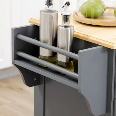 HOMCOM Kitchen Island With Storage Rolling Kitchen Serving Cart With Rubber Wood Top Towel Rack Storage Drawer And Cabinet Grey 4 HOMCOM Kitchen Island With Storage Rolling Kitchen Serving Cart With Rubber Wood Top Towel Rack Storage Drawer And Cabinet Grey - Image 4