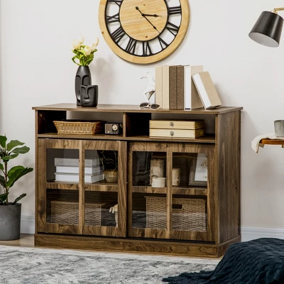 HOMCOM Modern Sideboard With Shelves, Buffet Cabinet With Storage Cabinets, Adjustable Shelf, Sliding Doors For Living Room, Kitchen, Walnut 2 HOMCOM Modern Sideboard With Shelves, Buffet Cabinet With Storage Cabinets, Adjustable Shelf, Sliding Doors For Living Room, Kitchen, Walnut - Image 2