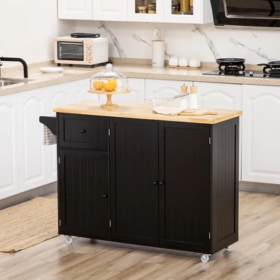 HOMCOM Triple-Cabinet Rolling Kitchen Island On Wheels, Kitchen Cart With Storage Shelf Adjustment, Rolling Utility Cart Wood, Big Drawer, Black 2 HOMCOM Triple-Cabinet Rolling Kitchen Island On Wheels, Kitchen Cart With Storage Shelf Adjustment, Rolling Utility Cart Wood, Big Drawer, Black - Image 2