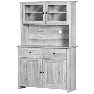 HOMCOM 63.5" Kitchen Buffet With Hutch, Pantry Storage Cabinet With 4 Shelves, Drawers, Framed Glass Doors, Open Microwave Countertop, Ash Gray 3 HOMCOM 63.5" Kitchen Buffet With Hutch, Pantry Storage Cabinet With 4 Shelves, Drawers, Framed Glass Doors, Open Microwave Countertop, Ash Gray - Image 3