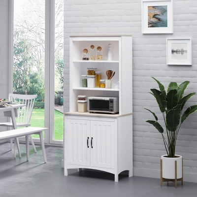 HOMCOM 70" Kitchen Buffet Hutch With 3-Tier Shelving, Freestanding Storage Pantry Cabinet With Adjustable Shelves, Countertop, White 2 HOMCOM 70" Kitchen Buffet Hutch With 3-Tier Shelving, Freestanding Storage Pantry Cabinet With Adjustable Shelves, Countertop, White - Image 2