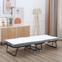 Homcom 11 HOMCOM Folding Bed With 4" Mattress, Portable Foldable Guest Bed With Sturdy Metal Frame And Wheels, White