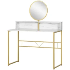 HOMCOM Modern Vanity Makeup Desk With Mirror, Dressing Table With Open Storage, Faux Marble Finish And Steel Frame For Bedroom, White And Gold 7 HOMCOM Modern Vanity Makeup Desk With Mirror, Dressing Table With Open Storage, Faux Marble Finish And Steel Frame For Bedroom, White And Gold -Homcom GUEST af3eadda f9b1 42c1 b174 b25d988c8247