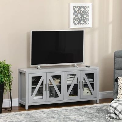 HOMCOM TV Cabinet Stand For TVs Up To 58", Entertainment Center With Adjustable Shelves, 4 Glass Doors And 4 Cable Holes For Living Room, Gray 2 HOMCOM TV Cabinet Stand For TVs Up To 58", Entertainment Center With Adjustable Shelves, 4 Glass Doors And 4 Cable Holes For Living Room, Gray - Image 2